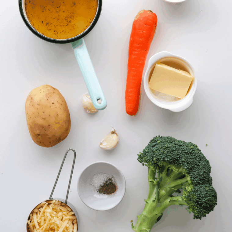 Ingredients needed for Applebee's Broccoli Cheese Soup Recipe on kitchen table.