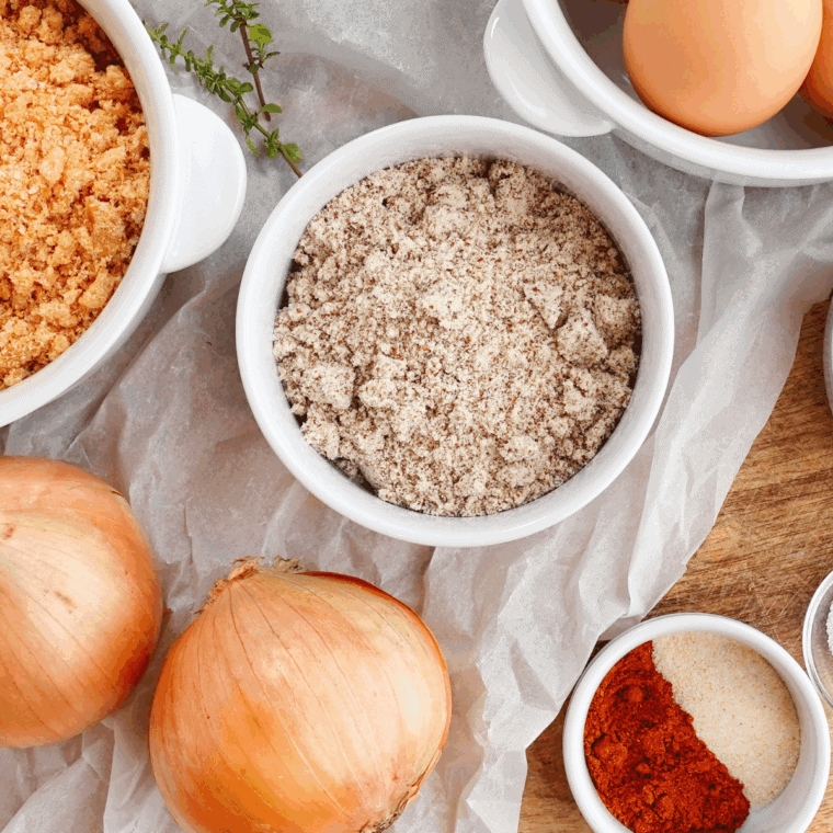 Ingredients needed for Arby’s Steakhouse Onion Rings Copycat Recipe on kitchen table.