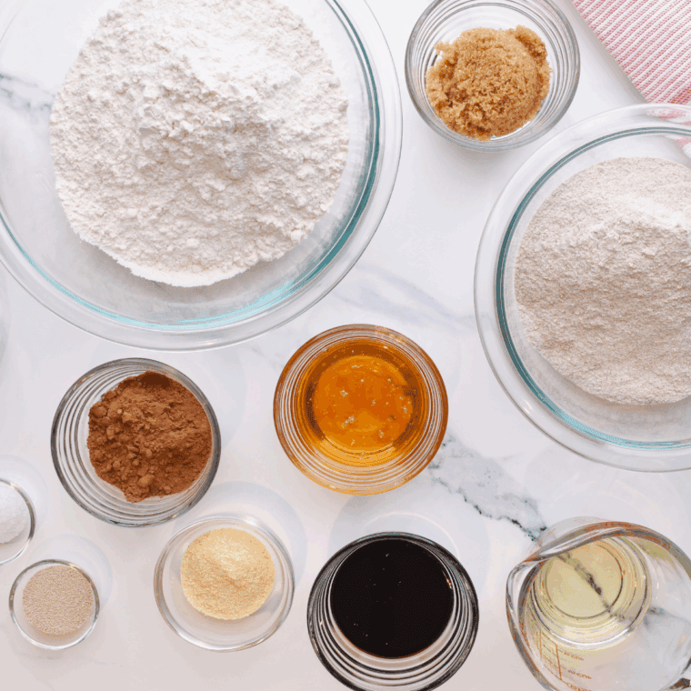 Ingredients needed for Copycat Cheesecake Factory Brown Bread on kitchen table.