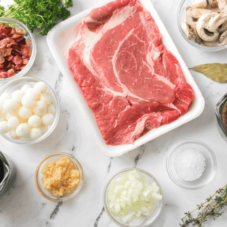 Ingredients needed for Copycat Golden Corral Pot Roast on kitchen table.