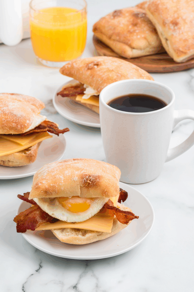 Homemade breakfast sandwich with crispy bacon, melted gouda cheese, and fluffy eggs on toasted ciabatta bread.