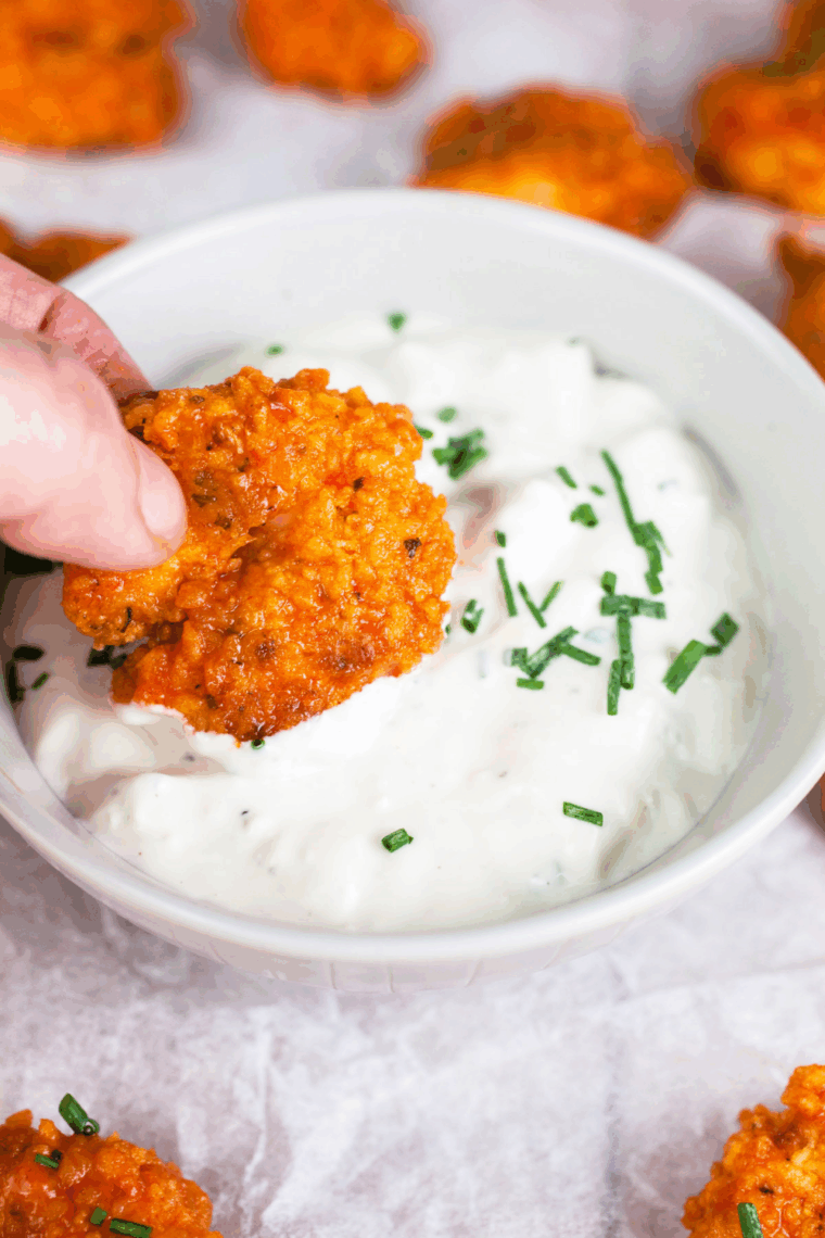 Bowl of Domino's Blue Cheese Dressing Recipe with buffalo shrimp.