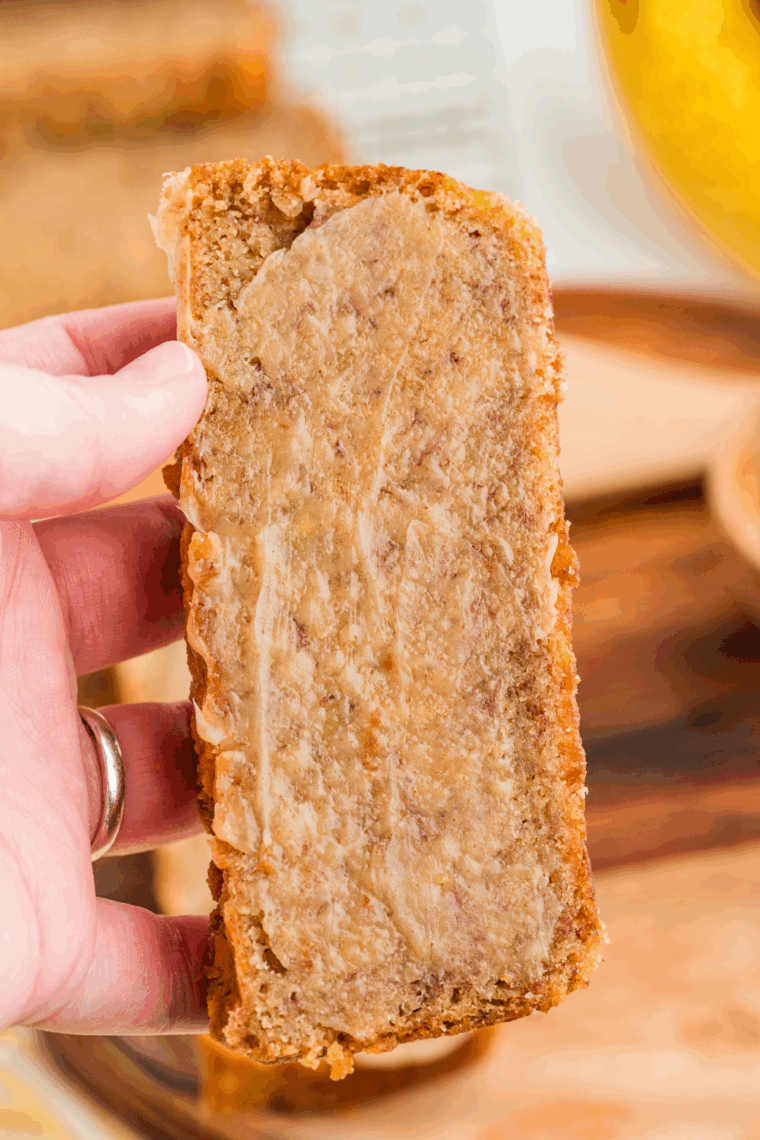Golden Corral-style banana nut bread sliced and served on a plate.