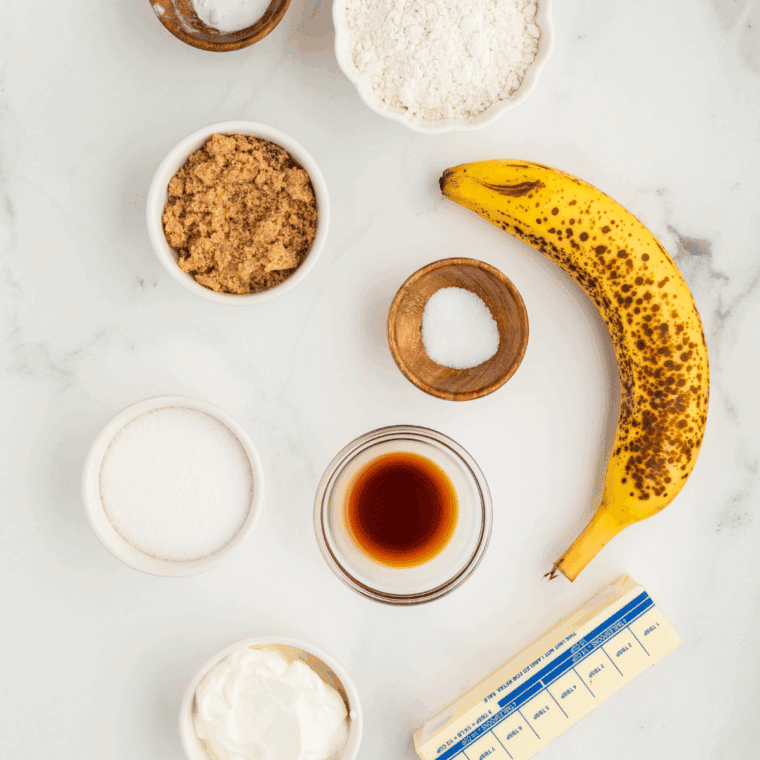 Ingredients needed for Golden Corral Banana Nut Bread Recipe on kitchen table.