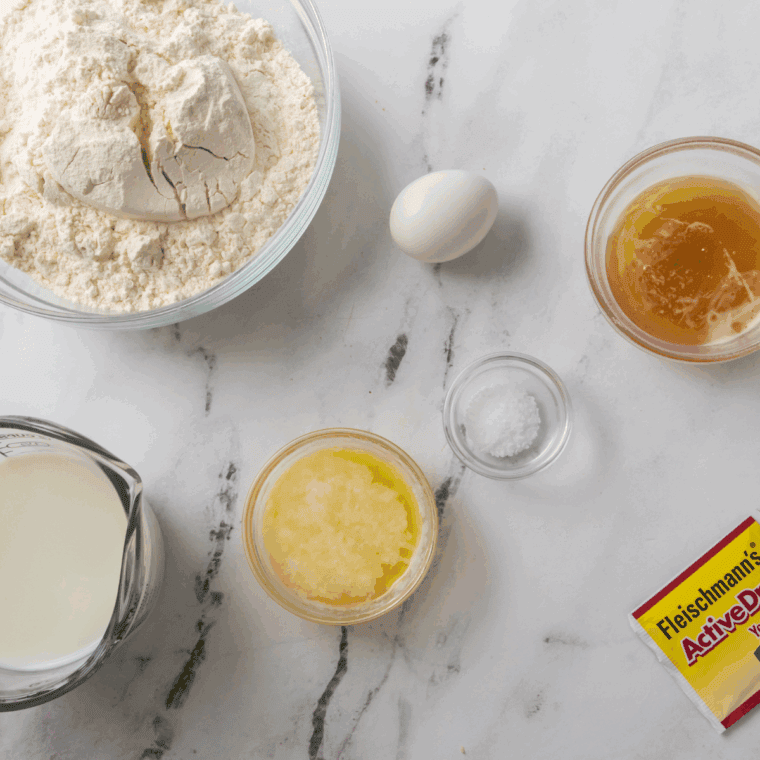 Ingredients needed for Golden Corral Yeast Rolls Recipe on kitchen table.