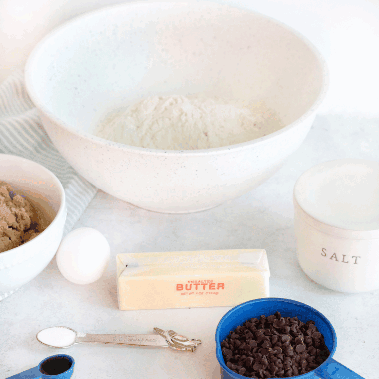 Ingredients needed for Hardee Chocolate Chip Cookie Recipe on kitchen table.