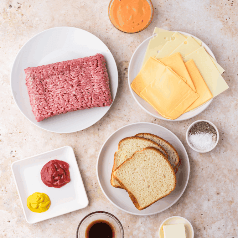 Ingredients needed for Hardee's Frisco Burger Recipe on kitchen table.