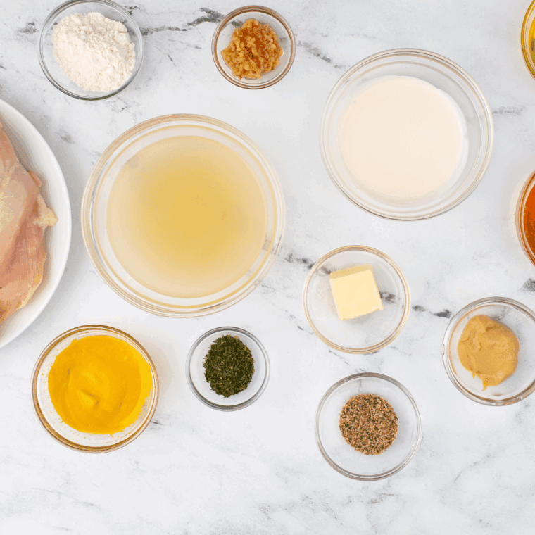 The ingredients needed for the hard honey mustard recipe are on the kitchen table.