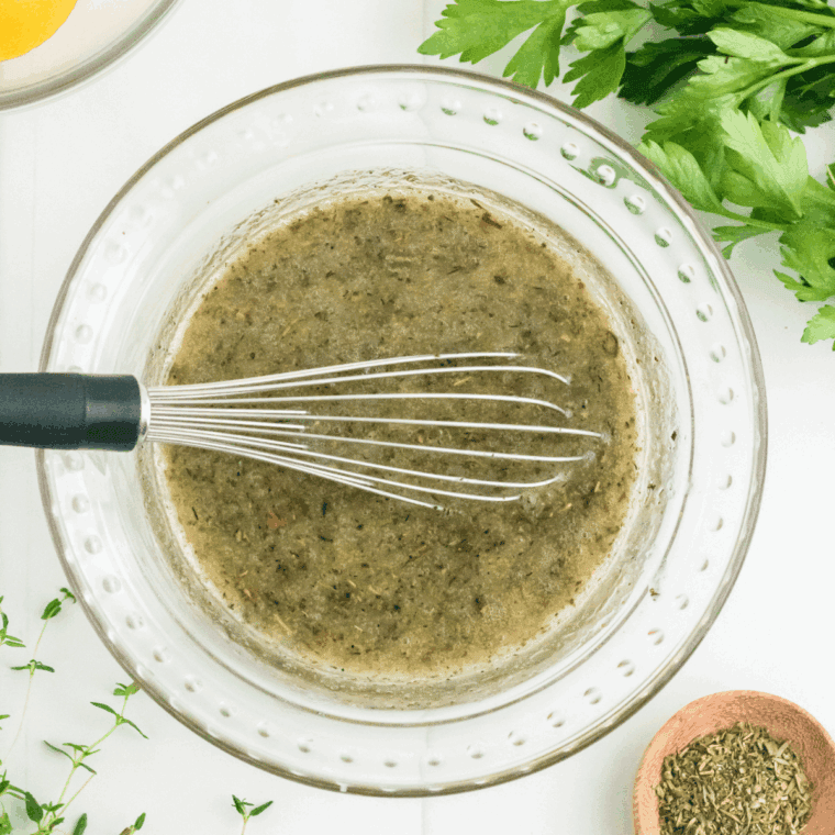 Whisk ingredients in a mixing bowl.