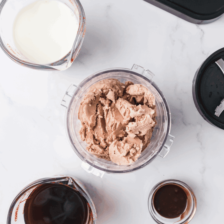 Ingredients needed for Ninja Creami Jamocha Shake (Arby’s Copycat) on kitchen table.