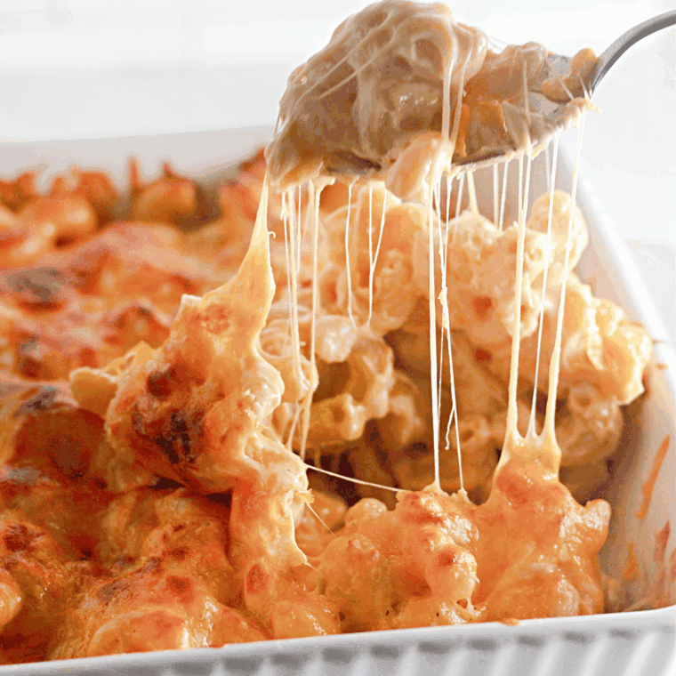 Cooked Old-Fashioned Baked Macaroni and Cheese on platter.