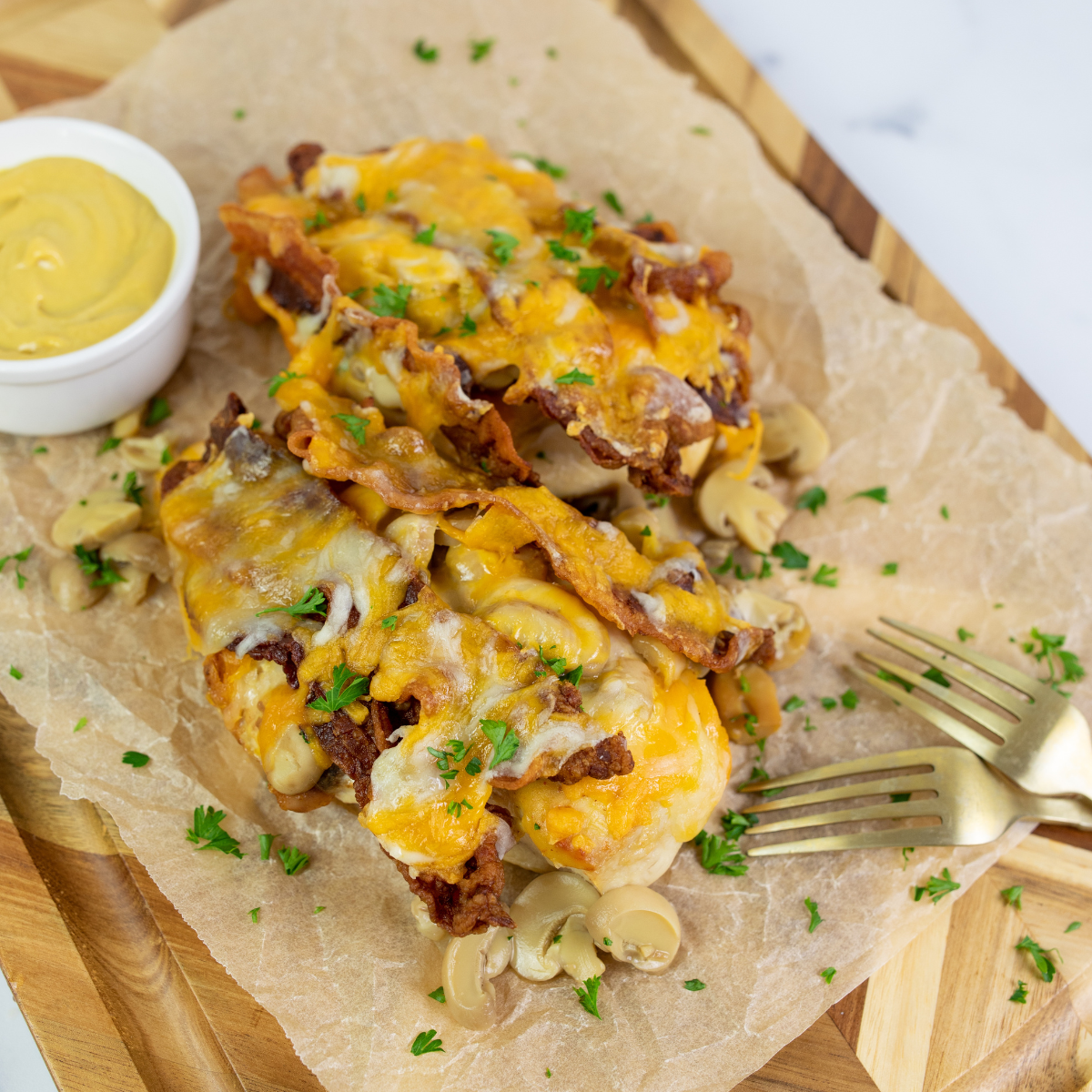 Homemade Outback Steakhouse Alice Springs Chicken topped with bacon, mushrooms, melted cheese, and honey mustard sauce on a plate.