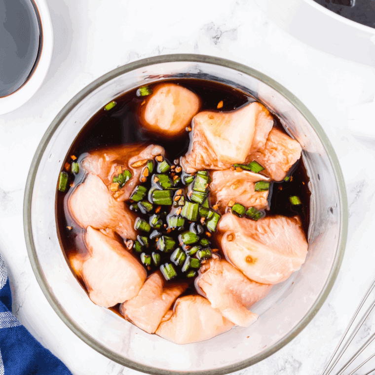 Bowl of chicken marinating in soy sauce, garlic, ginger, and brown sugar mixture.