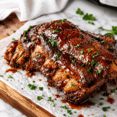 Slow cooker Dr Pepper ribs on parchment paper