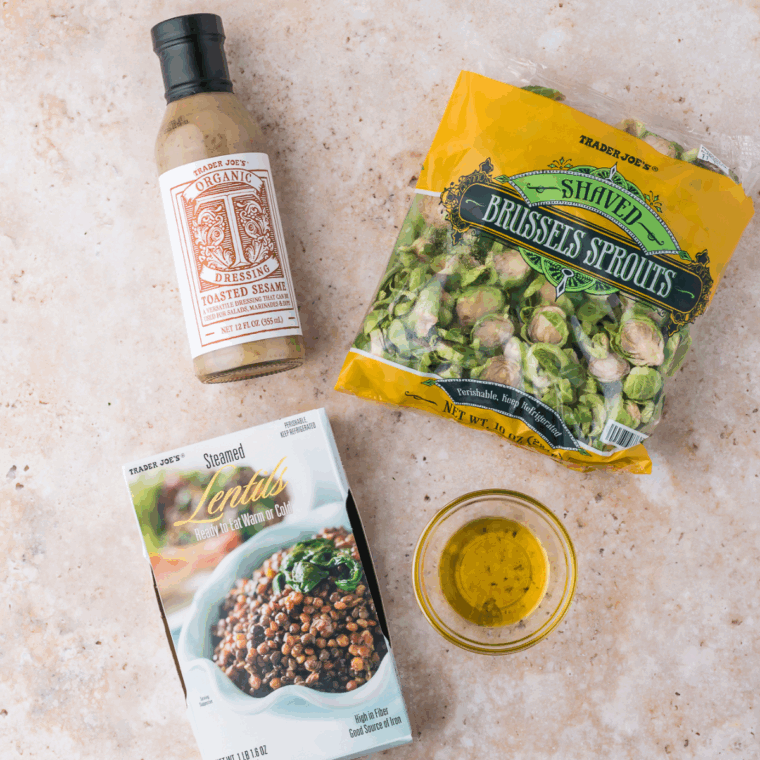 Ingredients needed for Trader Joe's Easy Sesame Brussels Sprouts And Lentil Salad on kitchen table.