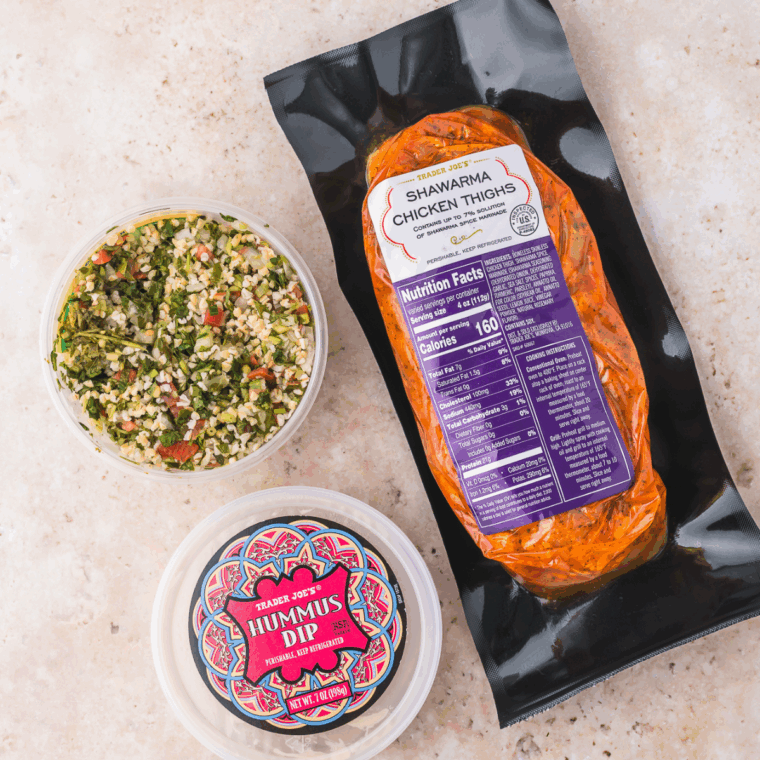 Ingredients needed for Trader Joe’s Shawarma Chicken Bowls on kitchen table.