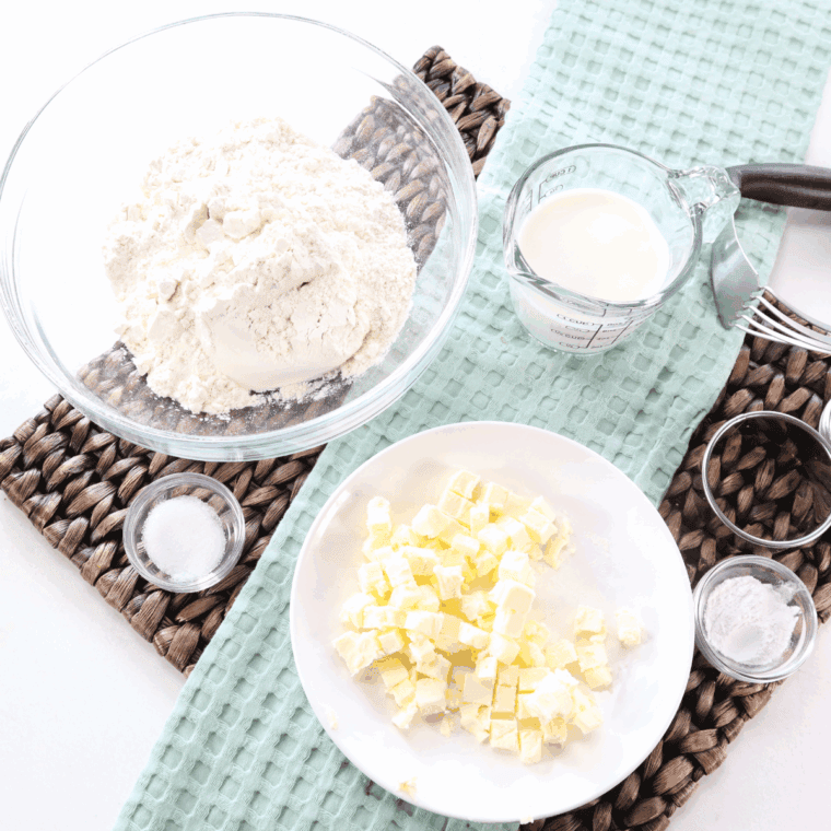 Ingredients needed for Bob Evans Style Buttermilk Biscuits on kitchen table.