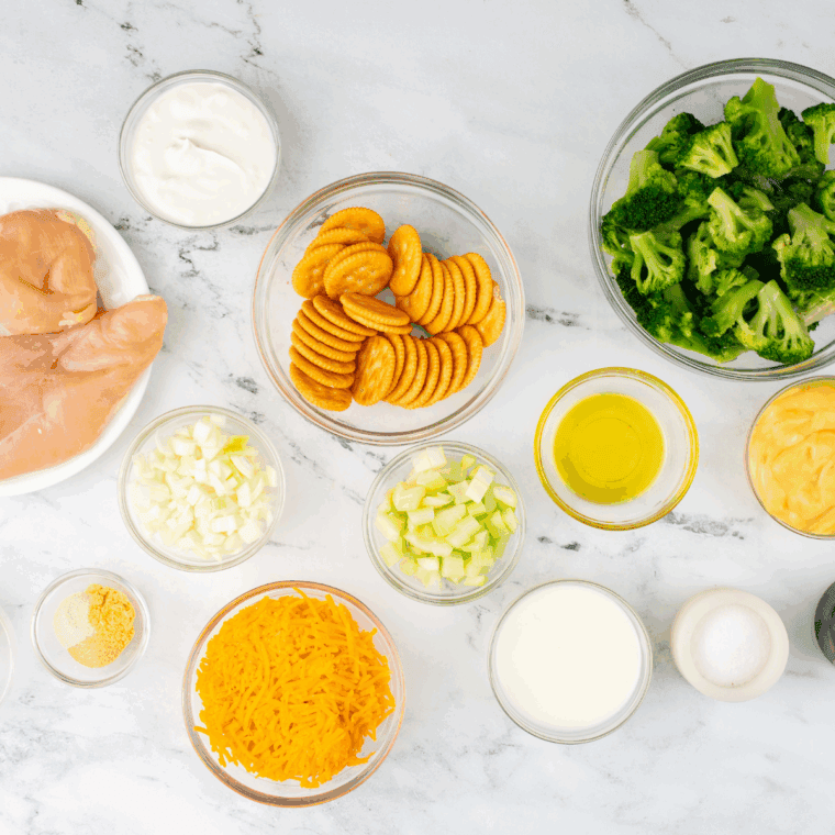 Ingredients needed for Barefoot Contessa Chicken Divan Recipe on kitchen table.