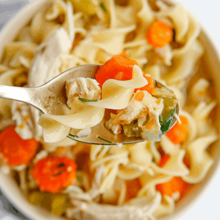 Bowl of Bob Evans style chicken noodle soup with shredded chicken, egg noodles, carrots, and herbs in a rich broth.