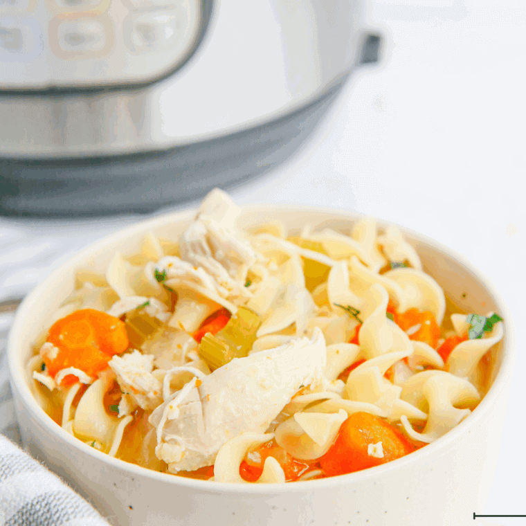 Hearty bowl of Bob Evans-style chicken noodle soup with chunks of chicken, egg noodles, carrots, and fresh herbs in savory broth.