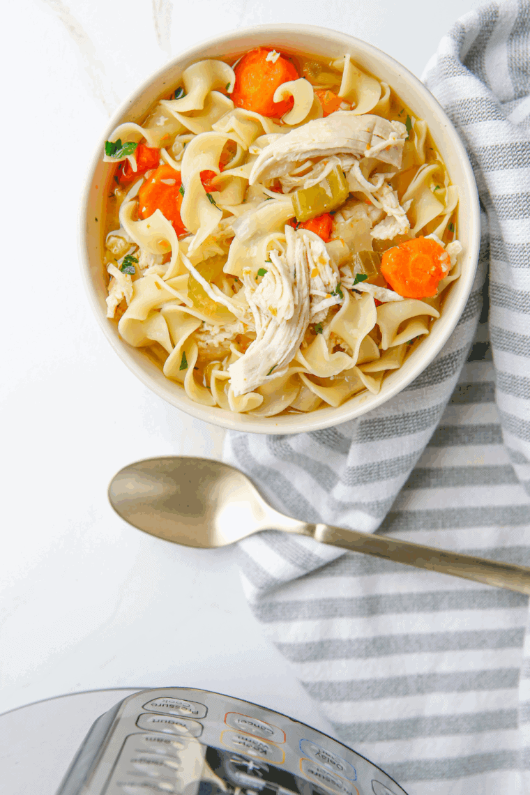 Bowl of homemade Bob Evans-style chicken noodle soup with shredded chicken, noodles, carrots, celery, and fresh parsley garnish.