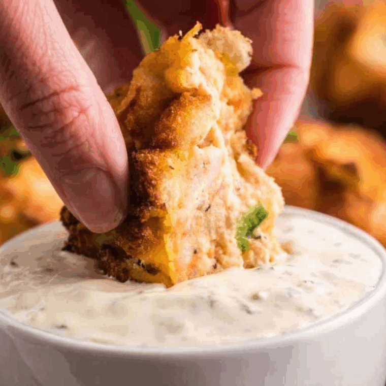 Homemade Captain D’s hush puppies served golden brown on a plate with dipping sauce.