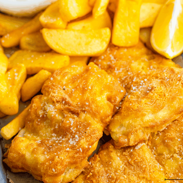 Golden crispy battered fish fillets cooked in the air fryer, served with lemon wedges and dipping sauce.