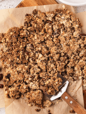 Homemade copycat Costco fruit and nut granola clusters on a baking sheet