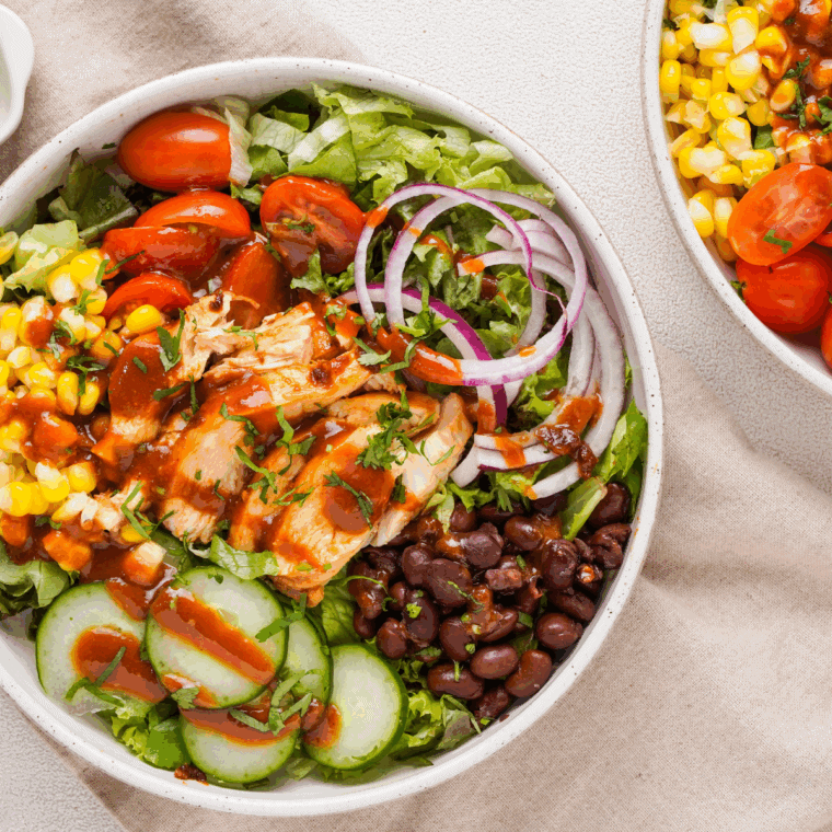 Homemade Copycat Panera BBQ Chicken Salad with grilled chicken, black beans, corn, crispy onions, and BBQ ranch dressing