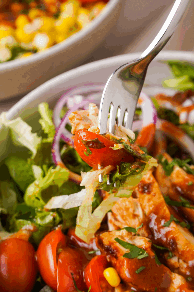Close-up of Copycat Panera BBQ Chicken Salad with grilled chicken, black beans, corn, and ranch dressing