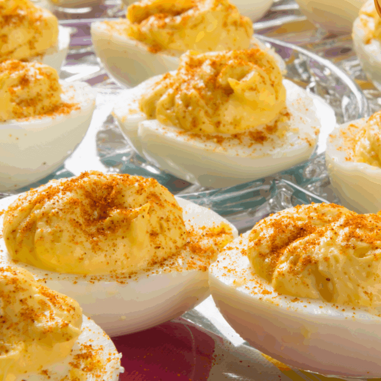 Plate of Deviled Duck Eggs on kitchen table.