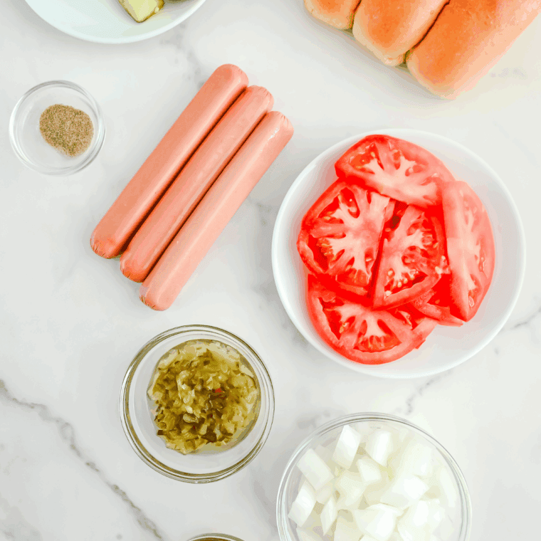 Ingredients needed for Five Guys Hot Dog Recipe on kitchen table.