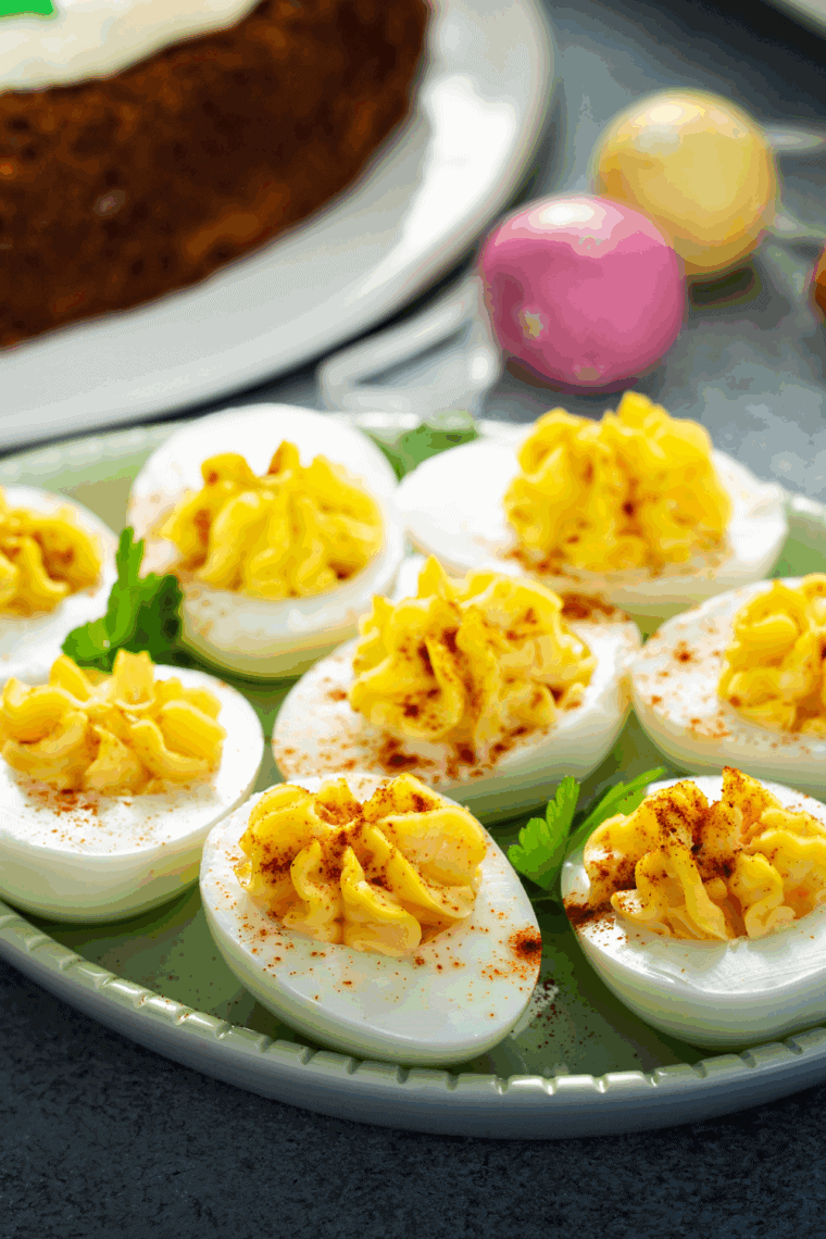 Gluten-Free deviled eggs with creamy yolk filling, garnished with smoked paprika and fresh herbs on a serving platter.