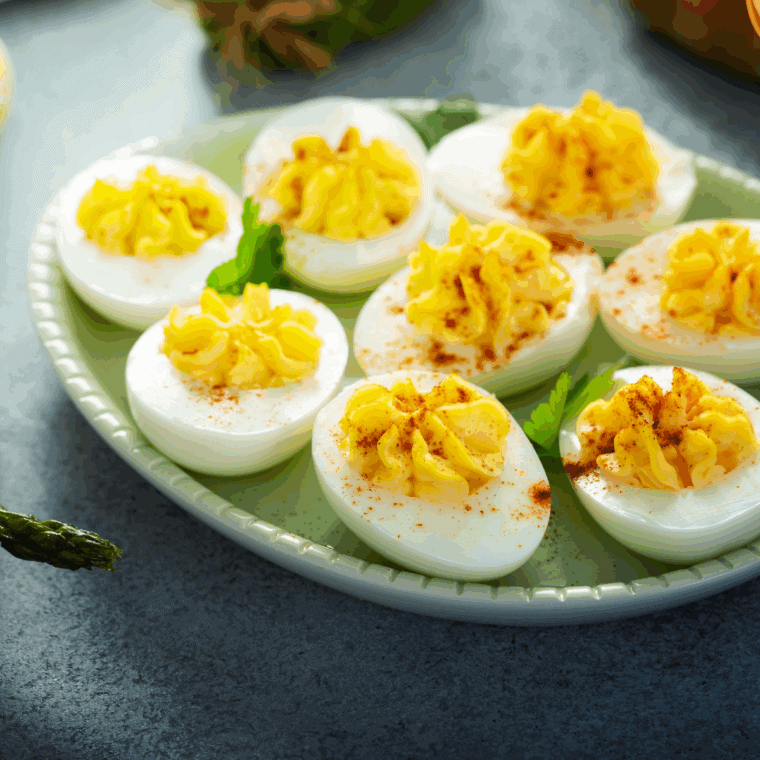 Platter of Gluten Free Deviled Eggs on kitchen table.