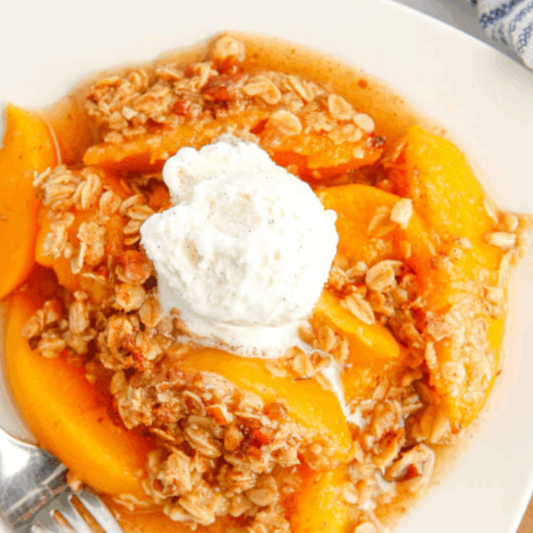 Honey Bunches of Oats Copycat Recipe on top of the peach cobbler.