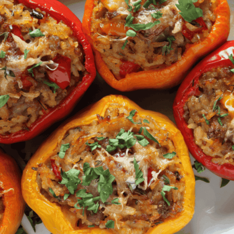 Homemade Ina Garten stuffed peppers with beef, rice, and melted cheese served in a baking dish.
