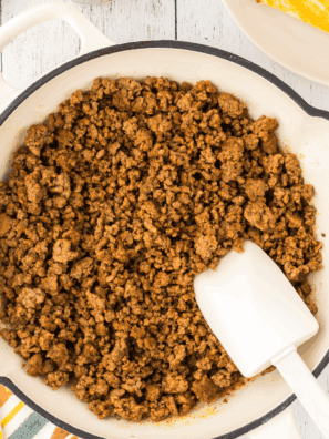 Homemade Jack in the Box taco meat in skillet with seasonings