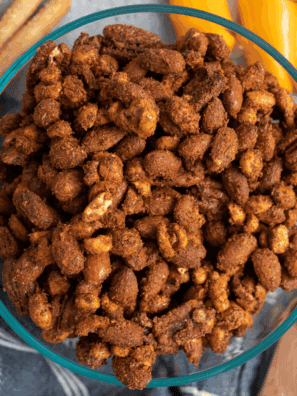 Close-up of a mix of five nuts in a bowl