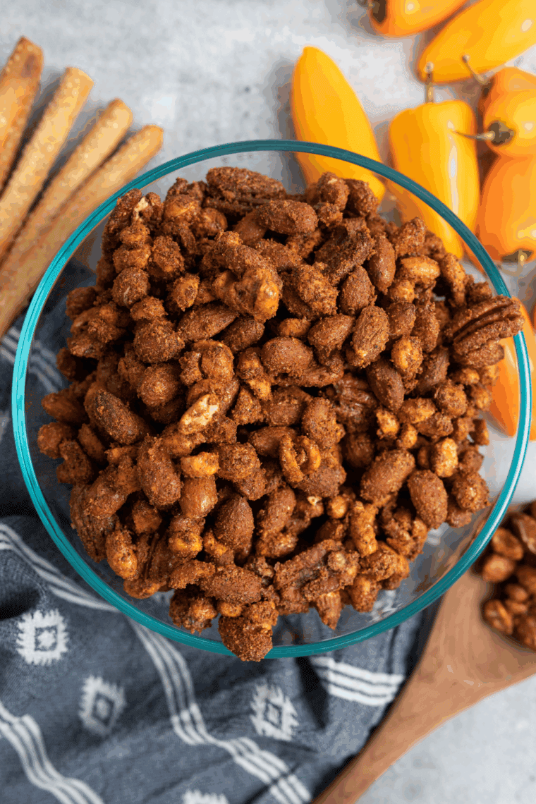 Close-up of almonds, cashews, walnuts, pistachios, and pecans in a bowl