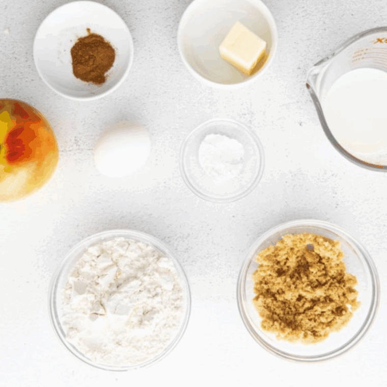 Ingredients needed for Easy Sourdough Apple Fritters on kitchen table.