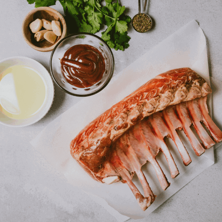 Ingredients needed for Traeger Lamb Chops Recipe on kitchen table.