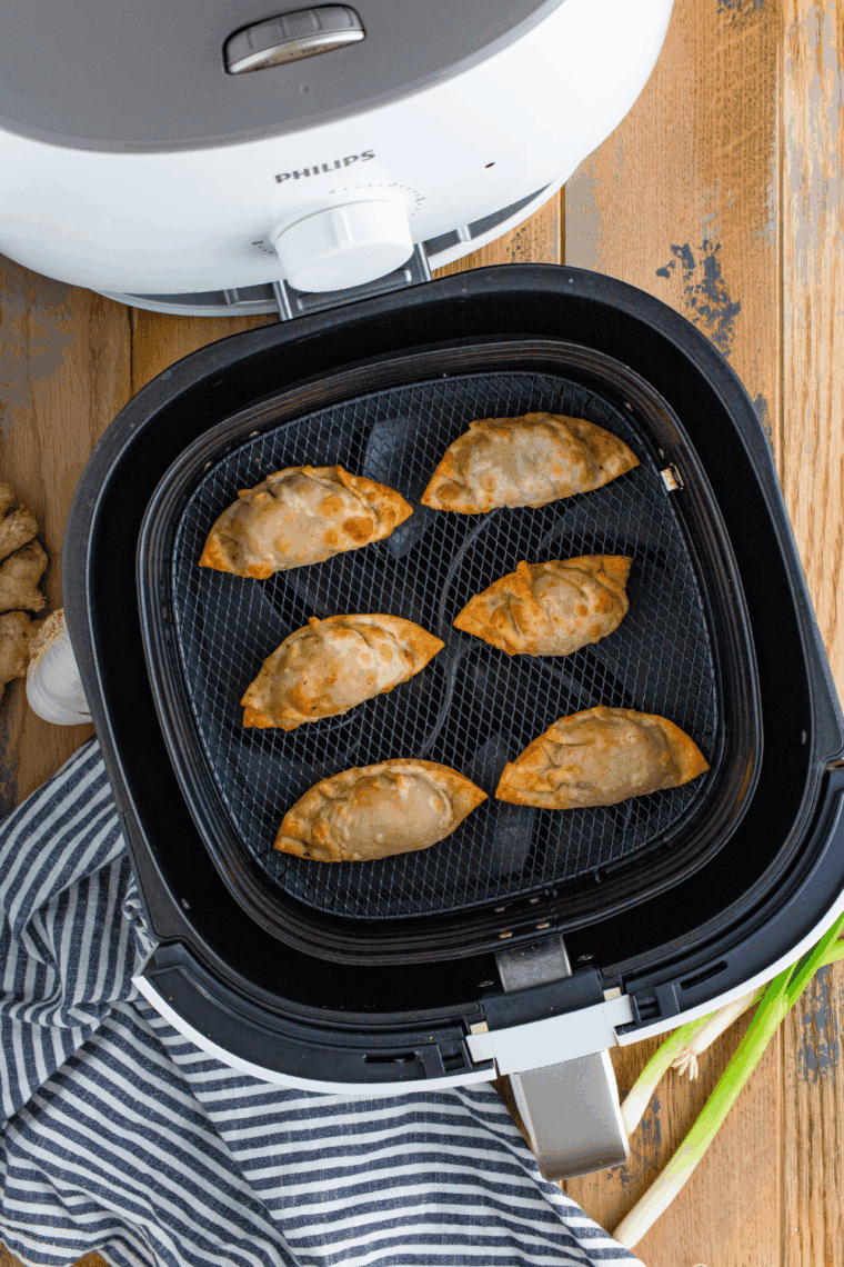 Homemade Benihana-style Gyoza dumplings, golden brown and served with dipping sauce.