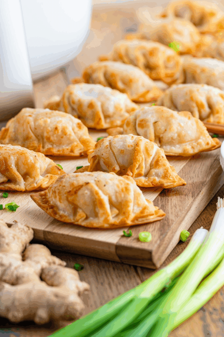 Golden-brown Bennihana-style breast dumplings with soy sauce dipping sauce.