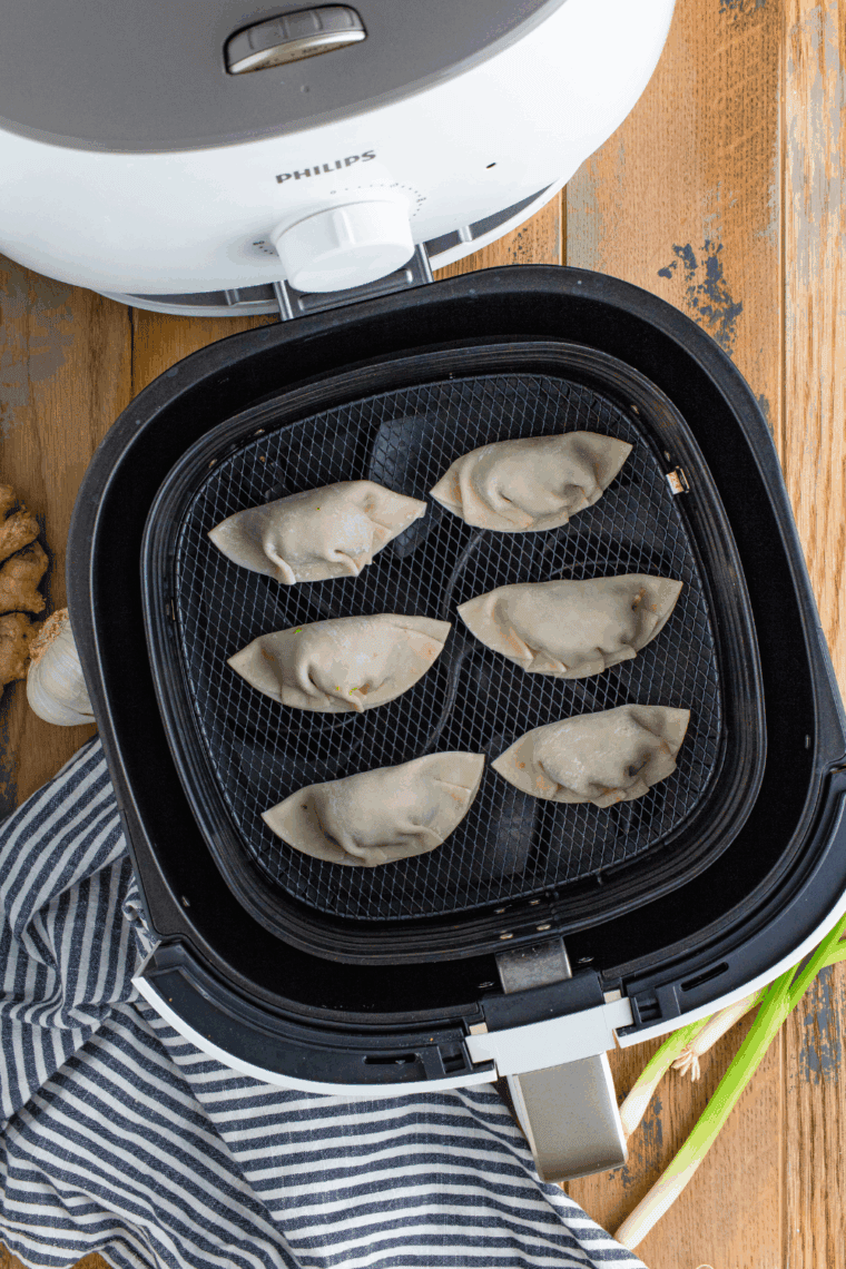 Homemade Benihana-style Gyoza dumplings, golden brown and served with dipping sauce.