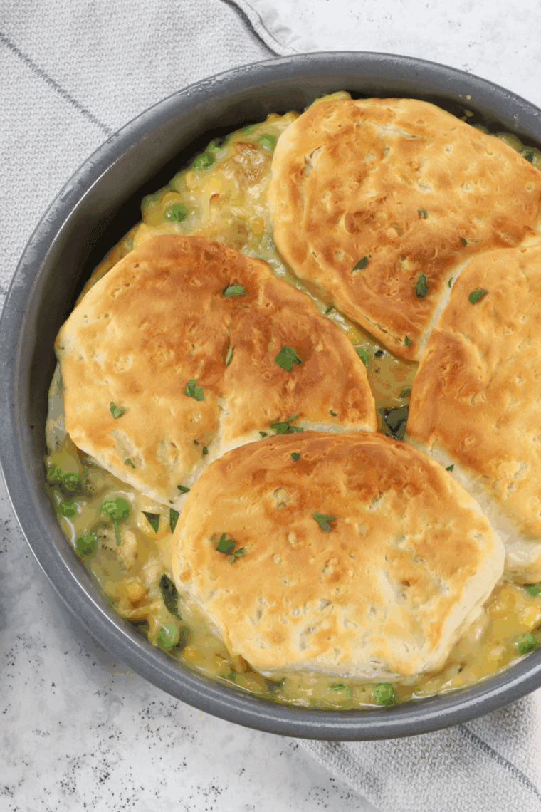 Creamy chicken and vegetables wrapped up in a copycat pot pie