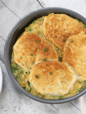Homestyle Bob Evans chicken pot pie with tender and juicy pieces of chicken, vegetables in a creamy sauce; made with golden flaky crust