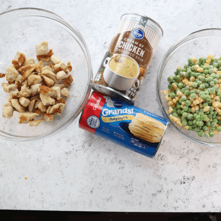 Ingredients needed for Bob Evan's Chicken Pot Pie Copycat Recipe on kitchen table.