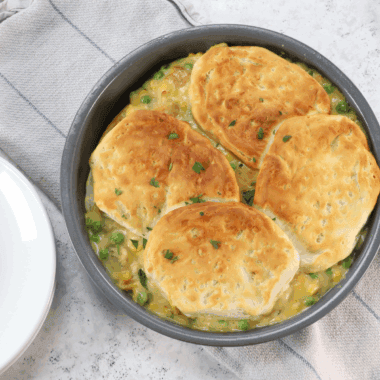 Homestyle Bob Evans chicken pot pie with tender and juicy pieces of chicken, vegetables in a creamy sauce; made with golden flaky crust