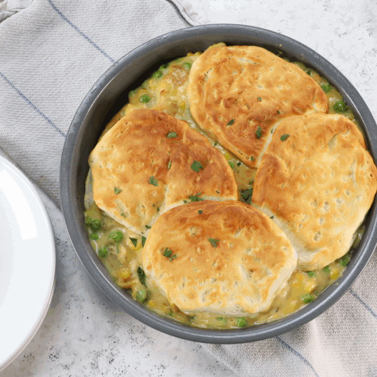 Homestyle Bob Evans chicken pot pie with tender and juicy pieces of chicken, vegetables in a creamy sauce; made with golden flaky crust