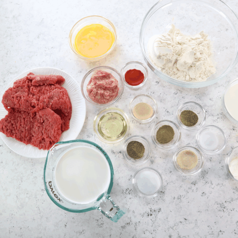 Ingredients needed for Bob Evan's Country-Fried Steak Recipe on kitchen table.